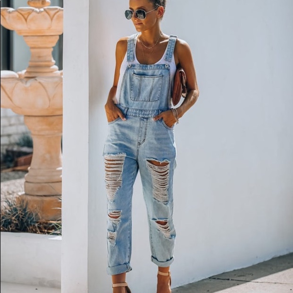 New In Bag Distressed Denim Overalls Size Large